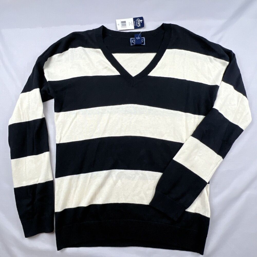 Chaps Classics Women’s Sweater Black and Cream Stripped Modal Blend NWT